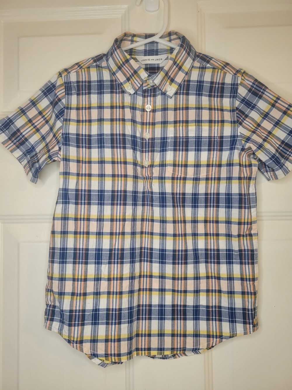 Janie and Jack Boys' Short-Sleeve Plaid Button-Down Shirt - Navy/Yellow/Pink